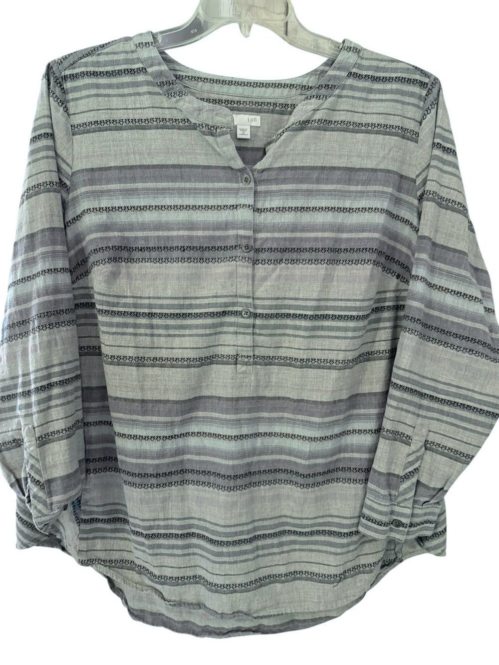 J. Jill Grey And Blue Striped Cotton Popover Tunic Top Linen Look Lagenlook 2X